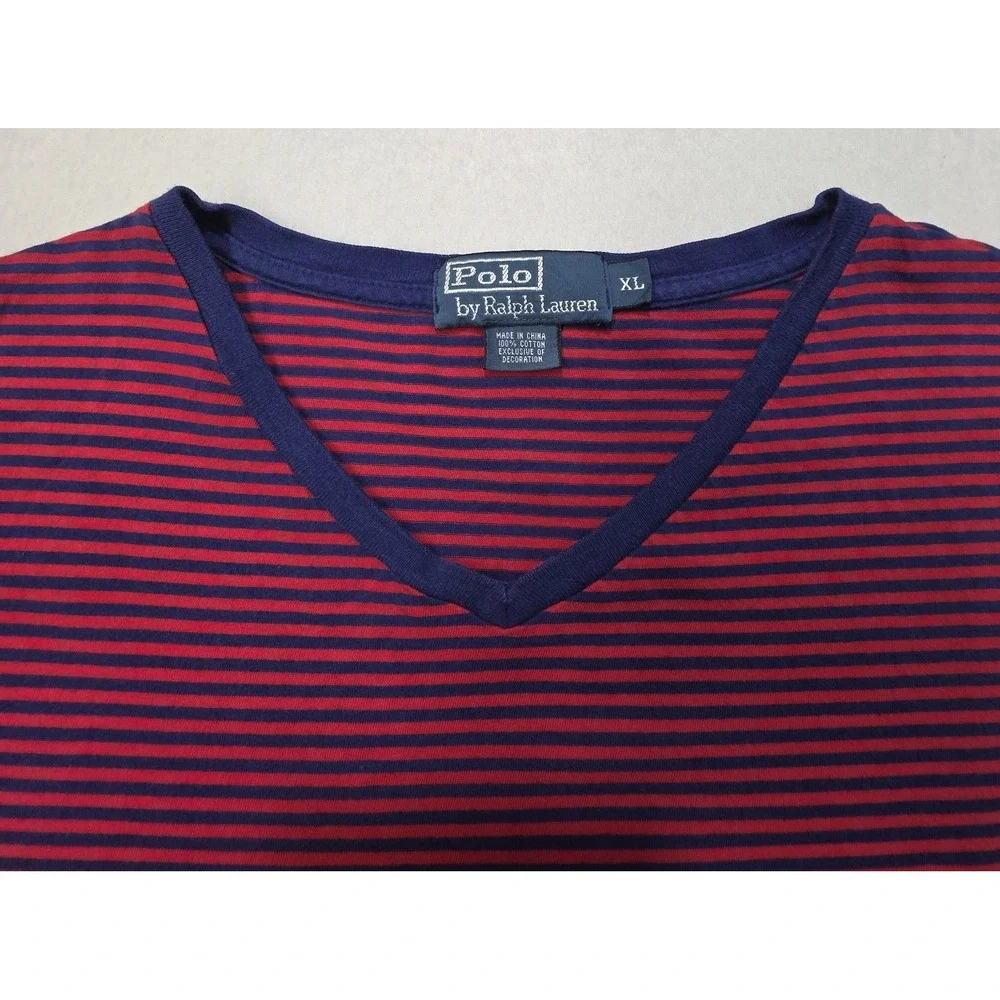 Polo Ralph Lauren Mens XL V-Neck Short Sleeve Shirt Blue Red Striped‎ Pony Logo